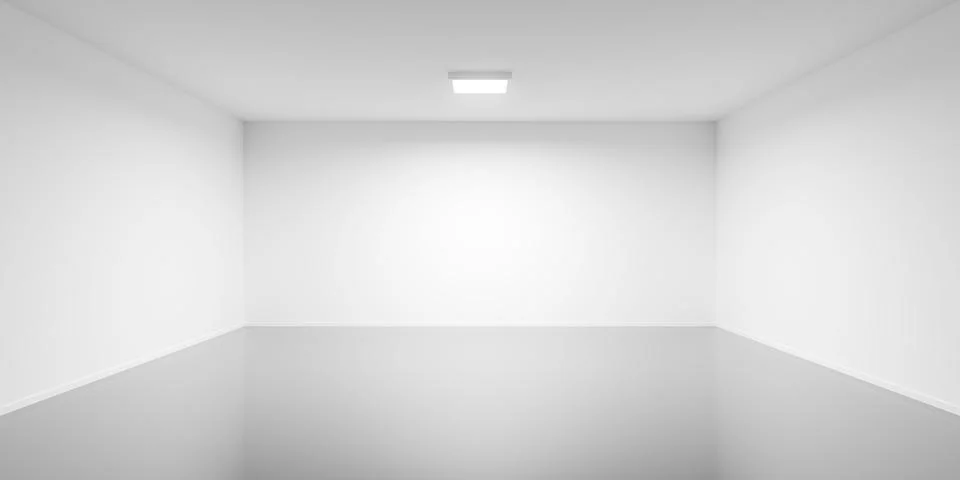 Empty blank white large room background with single square light and grey f.. Illustrazione stock