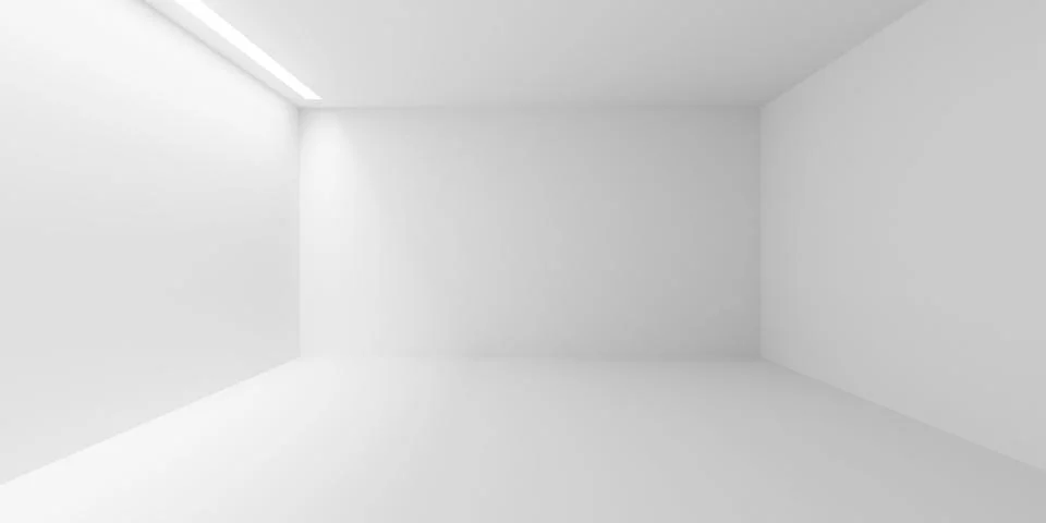 Empty blank white large room or art gallery background with long, light str.. Stock Illustration