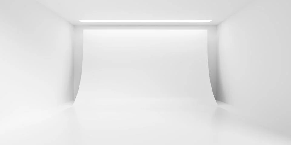 Empty blank white large room or art gallery background with white photo stu.. Illustrazione stock