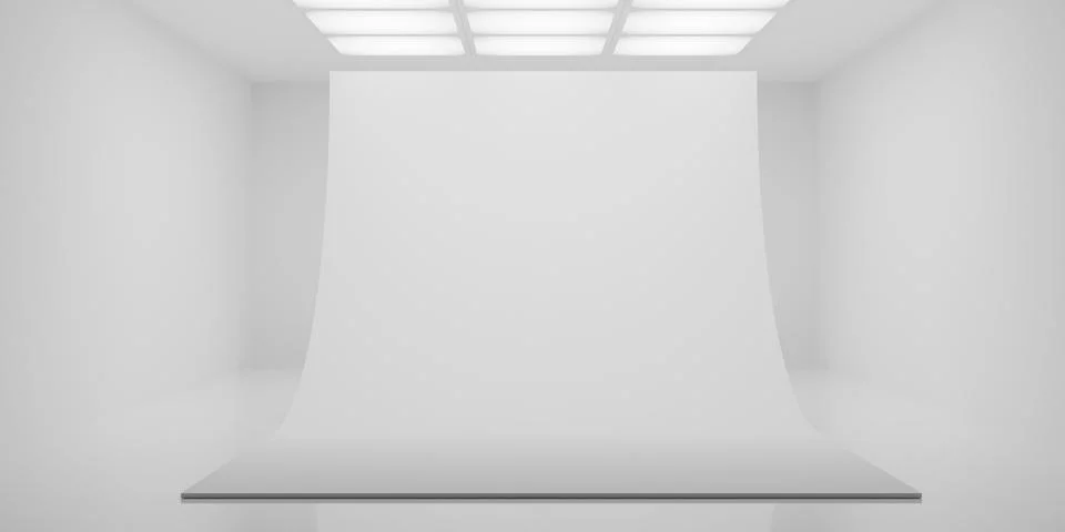 Empty blank white large room or art gallery background with photo studio ba.. Stockillustratie