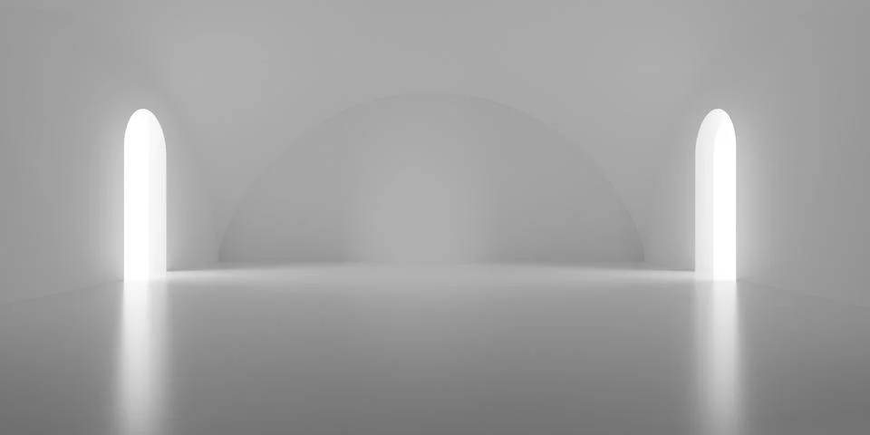 Empty blank white room background with dome walls and ceiling and two round.. Stock Illustration
