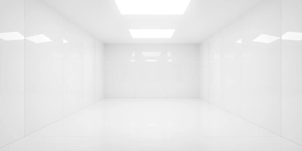 Empty blank white room background with tiled shiny walls and square ceiling.. Stock Illustration