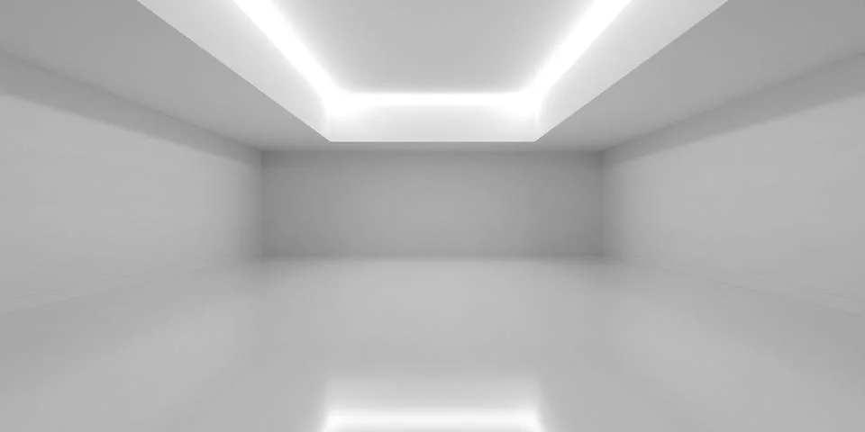 Empty blank white room background with backlit ceiling recess and reflectiv.. Stock Illustration