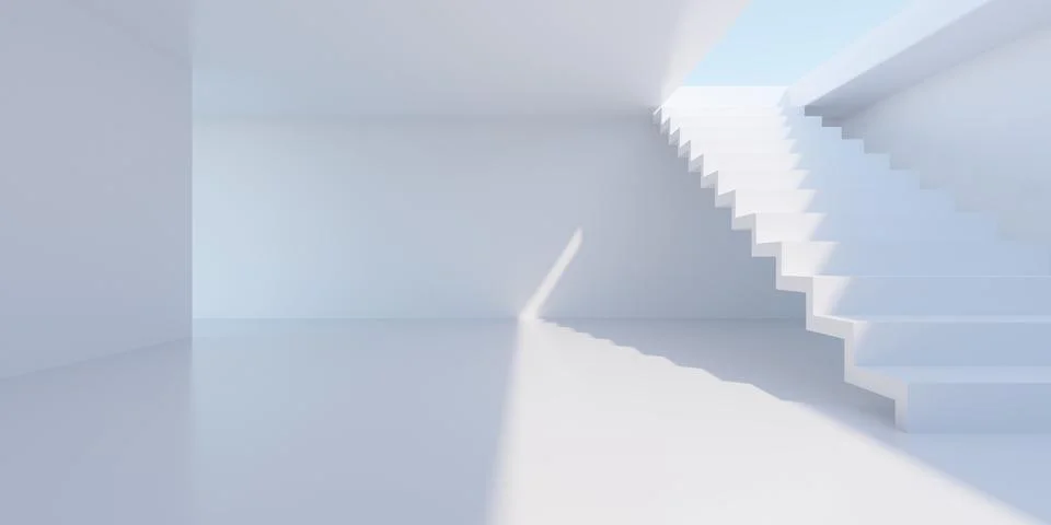 Empty blank white room background with stairs towards rectangular ceiling o.. Illustrazione stock