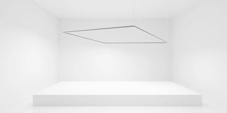 Empty blank white room background with podium and modern rectangle light ha.. Illustrazione stock