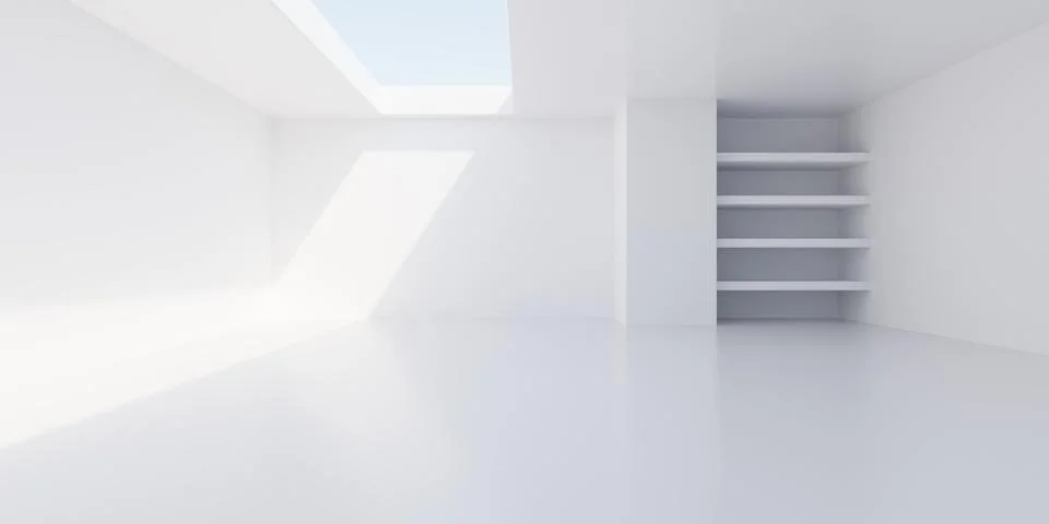 Empty blank white room background with shelves in recess in the back wall, .. Illustrazione stock