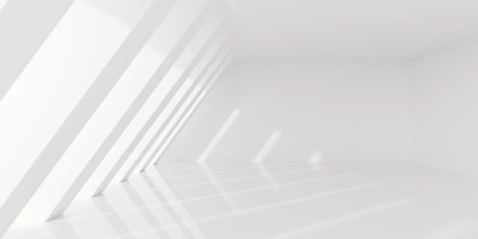 Empty blank white room background with array of angled pillars and sunlight.. Stock Illustration
