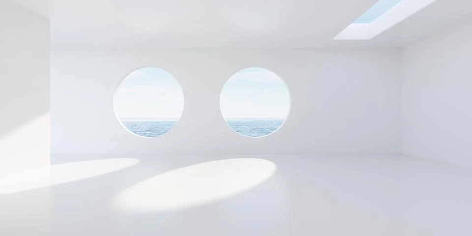Empty blank white room background round window openings in the back wall, r.. Stock Illustration