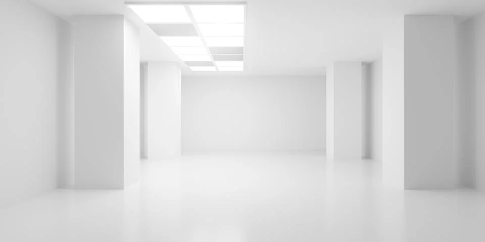 Empty blank white room background with tiled ceiling lights and pillars, mo.. Stock Illustration