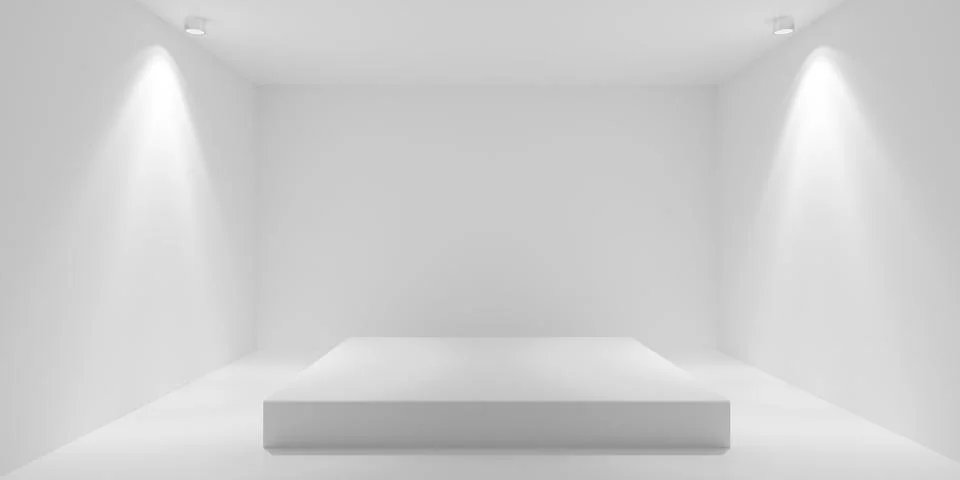 Empty blank white room background with podium in the middle and two spotlig.. Ilustração Stock