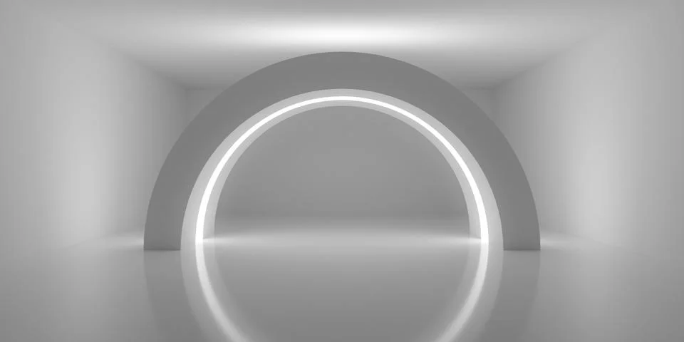 Empty blank white room background with round arc with lights inside and out.. Stock Illustration
