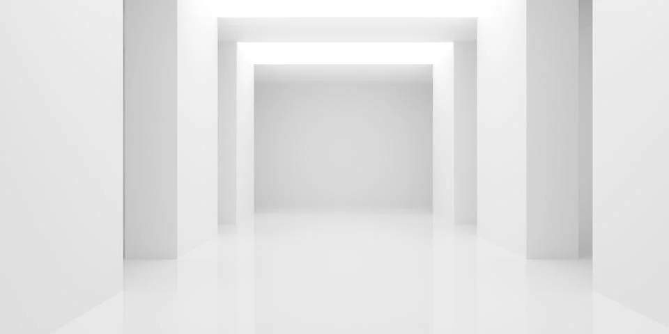 Empty blank white room background with row of pillars with soft lights, mod.. Stock Illustration