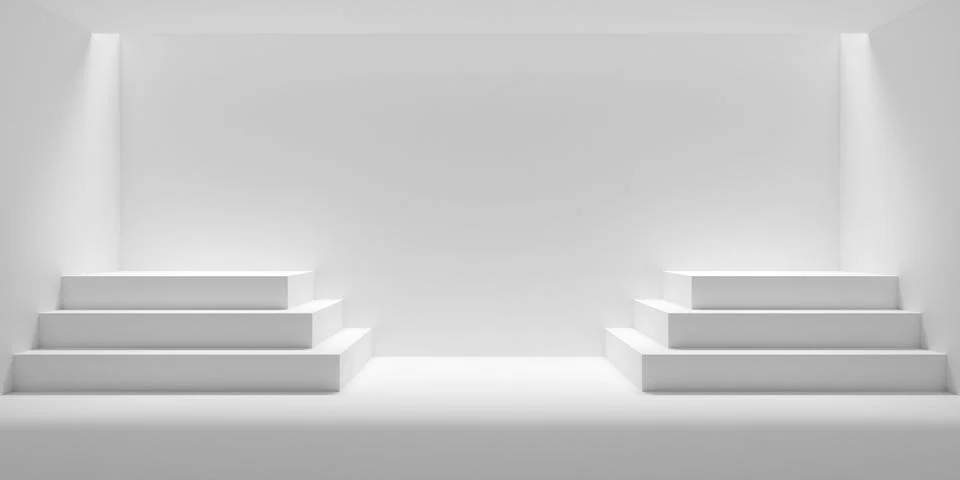 Empty blank white room background with two stepped podiums or dais and ligh.. Stock Illustration