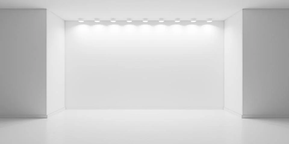 Empty blank white room background with back wall recess with row of spotlig.. Stock Illustration
