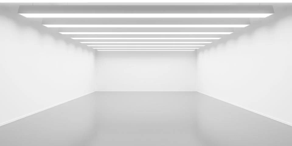 Empty blank white room background with row of lights and shiny grey floor, .. Illustrazione stock