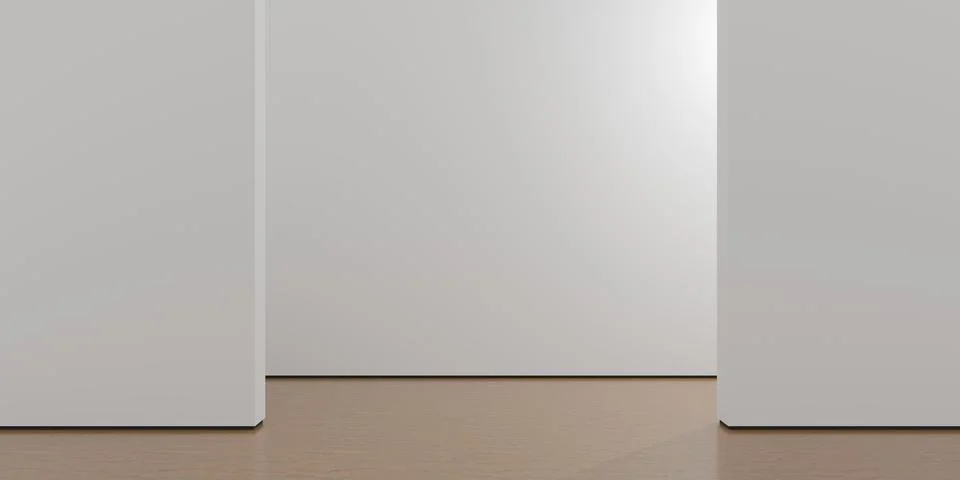 Empty blank white room background with wall opening and wooden floor, moder.. Illustrazione stock