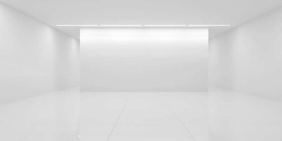 Empty blank white room background with central divider wall with row of lig.. Stock Illustration