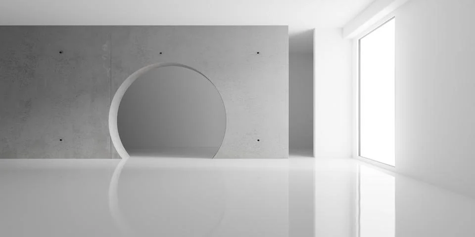 Empty blank white room background with large concrete divider wall and wind.. Illustrazione stock