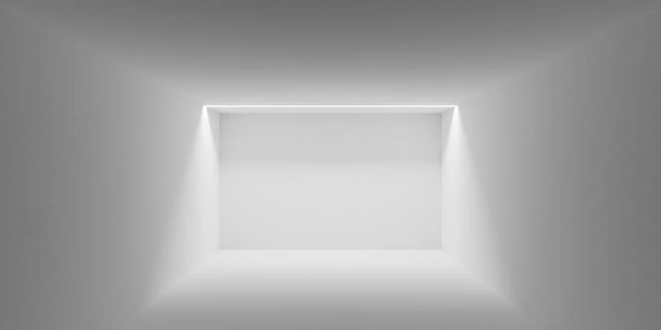 Empty, blank white room with light opening in the back, interior template w.. Stock Illustration