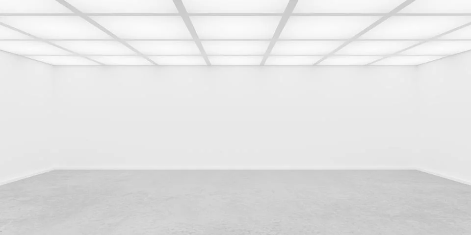 Empty blank white room or gallery background with tiled, lit ceiling and co.. Illustrazione stock