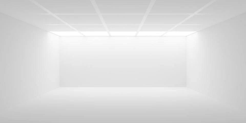 Empty blank white room or gallery background with tiled ceiling and lit row.. Illustrazione stock