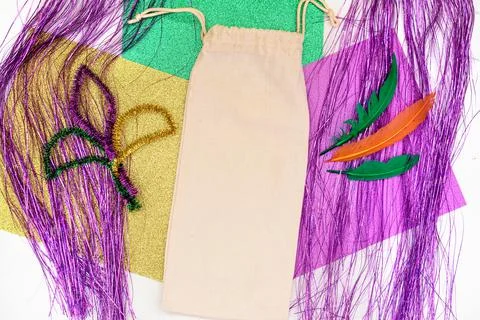 Empty blank wine gift bag on table. Mardi Gras party Mock up Stock Photos