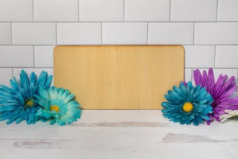 Empty blank wood board with spring flowers no writing add text Stock Photos