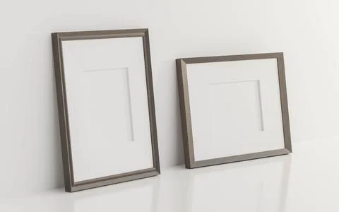 Empty blank wood picture frames leaning on white wall 3d render illustration Stock Illustration