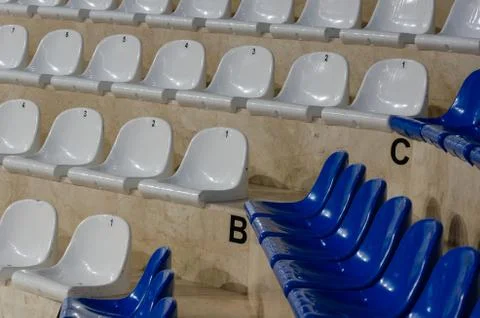 Empty blue and white stadium seats, Stock Photos