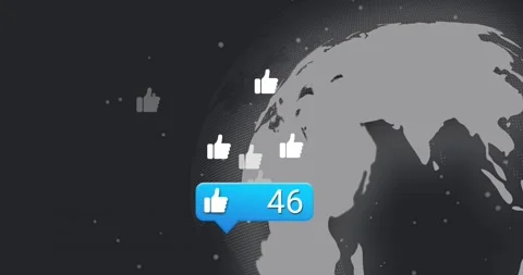 Empty blue bubble appearing, like increasing count and thumbs floating to globe Stock Footage 330602335