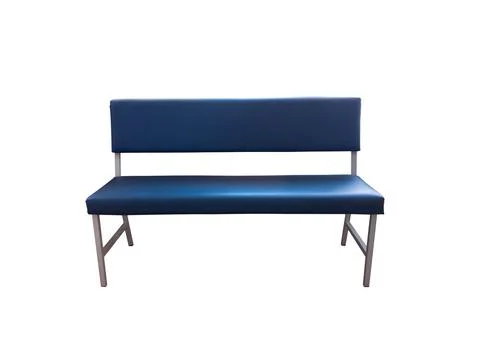 Empty blue chair alignment isolated on white background. Public waiting place Stock Photos