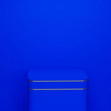 Empty blue cube podium with gold line on blue background Stock Illustration