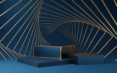 Empty blue cube podium with gold border and gold square on blue background... 스톡 일러스트