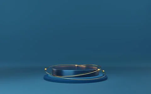 Empty blue cylinder podium and gold circle and ball on blue background. Abs.. Illustrazione stock