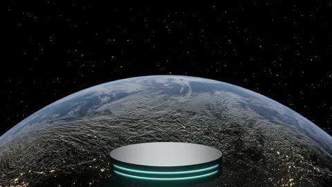 Empty blue cylinder podium floating with earth. Realistic sunrise over earth  Vídeos de archivo 158419231