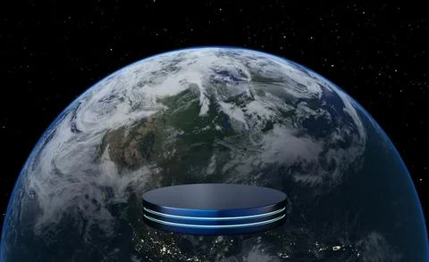 Empty blue cylinder podium floating with earth. Realistic sunrise over eart.. Stock Photos