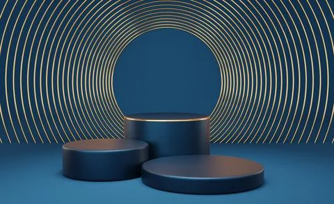 Empty blue cylinder podium with gold border and gold circle on blue backgro.. Stock Illustration
