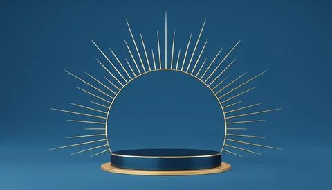 Empty blue cylinder podium with gold border and spiked halo circle on blue .. Stock Illustration