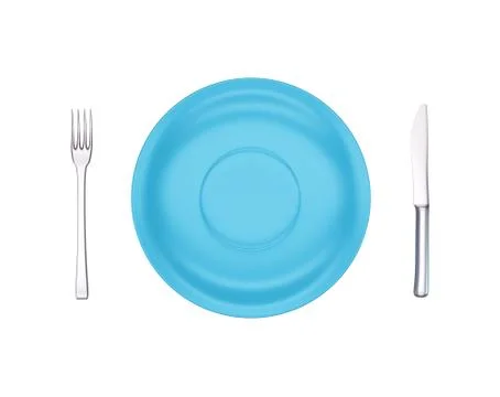 Empty blue dinner plate, fork and knife isolated on white, view from above Stock Illustration