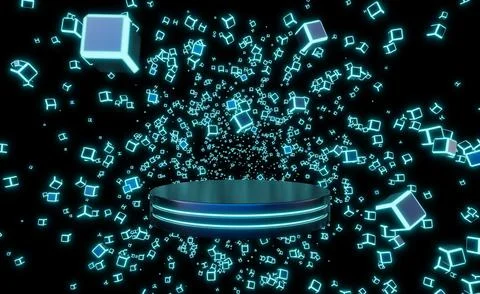 Empty blue metallic cylinder podium floating with particles neon box on bla.. Stock-Illustration