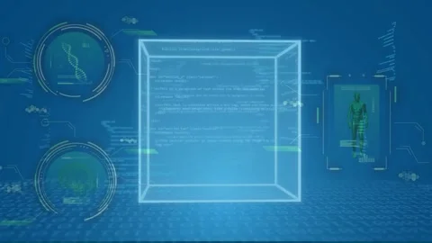 Empty blue plane starting glow wire cube tracing out scaling rotating code Stock Footage 335211627