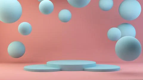 Empty blue podium with floating spheres and pink background Stock Illustration