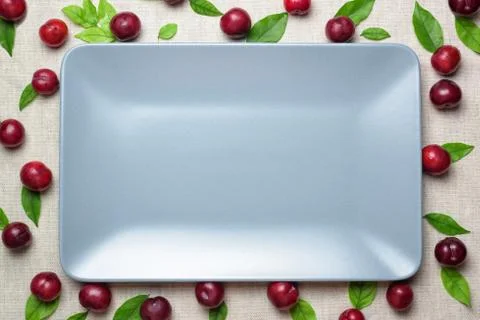 Empty blue rectangular plate on table Stock Photos