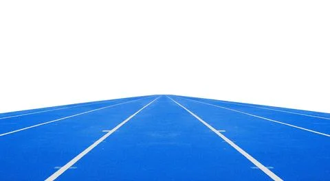 Empty blue running tracks in stadium Stock Photos