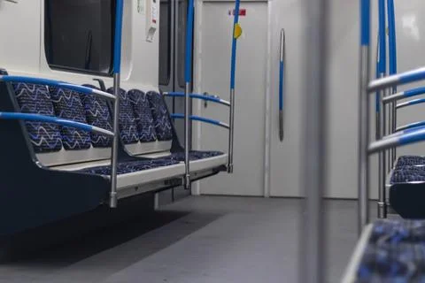 Empty Blue Seats Inside Budapest M3 Metro Train Stock Photos