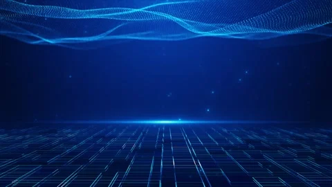 Empty blue technology stage glowing circuit floor, floating particles, flowing w Stock Footage 340553857