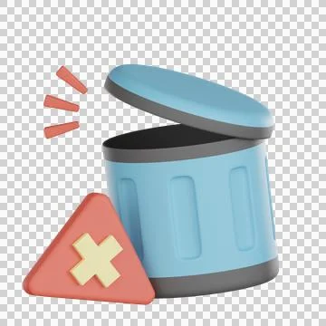 Empty blue trash can with open lid and red warning icon 3d icon design Stock Illustration