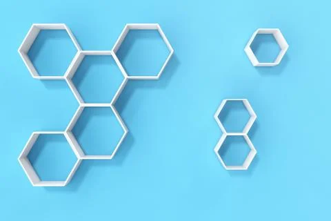 Empty blue wall with hexagon shelves on the wall, 3D rendering Stock Illustration