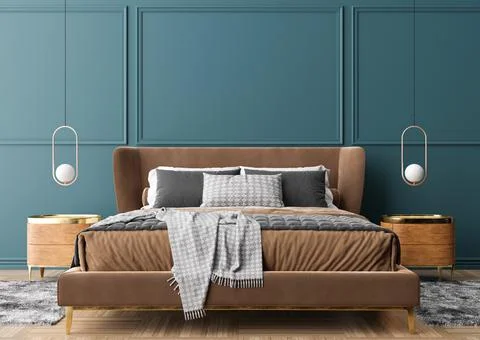 Empty blue wall in modern and cozy bedroom. Mock up interior in contemporary  Stock Photos