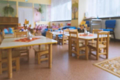 Empty blurred classroom in elementary school, kindergarten on quarantine Stock Photos